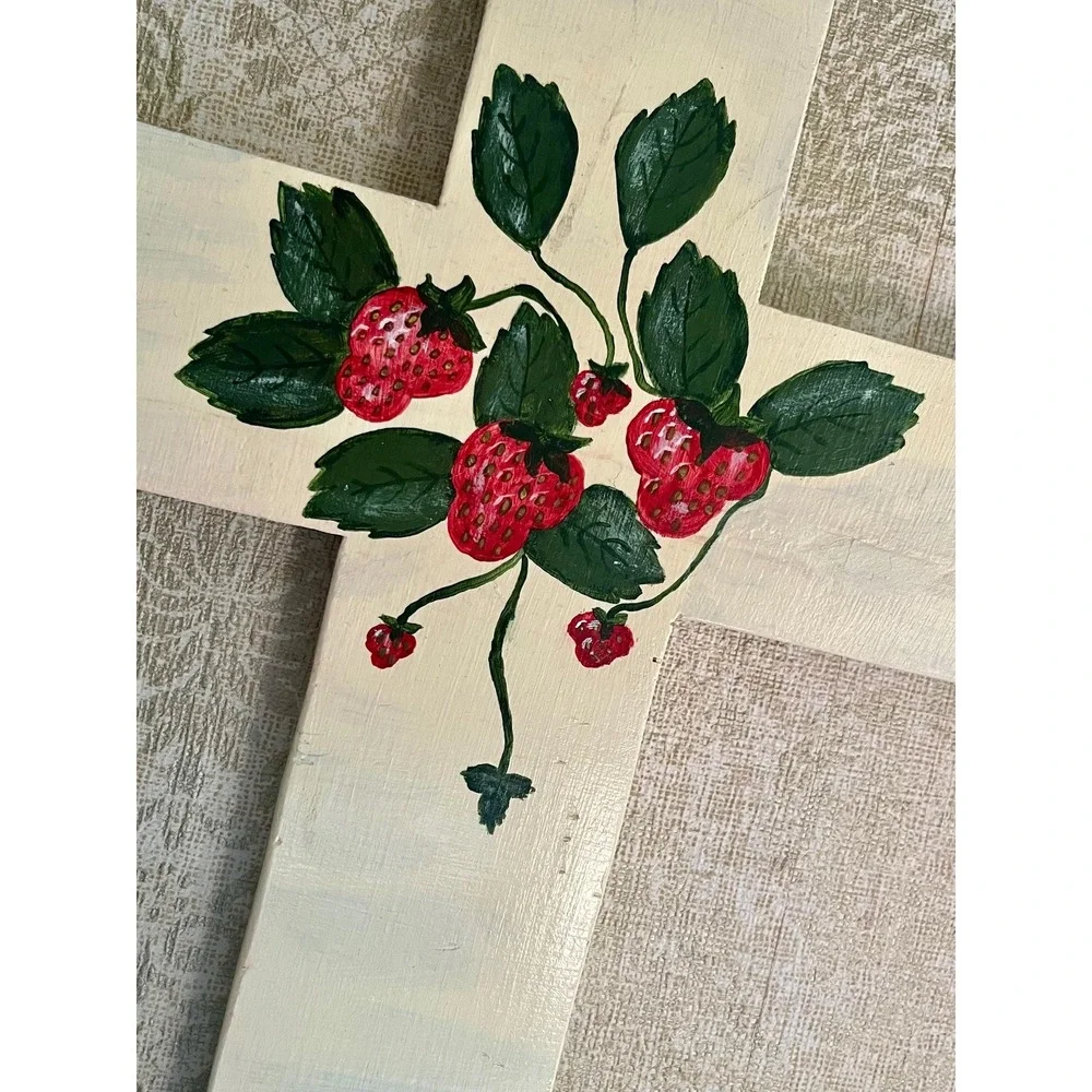 Vintage Retro Folk Art Hand‑Painted Wooden Cross with Strawberries Cottage